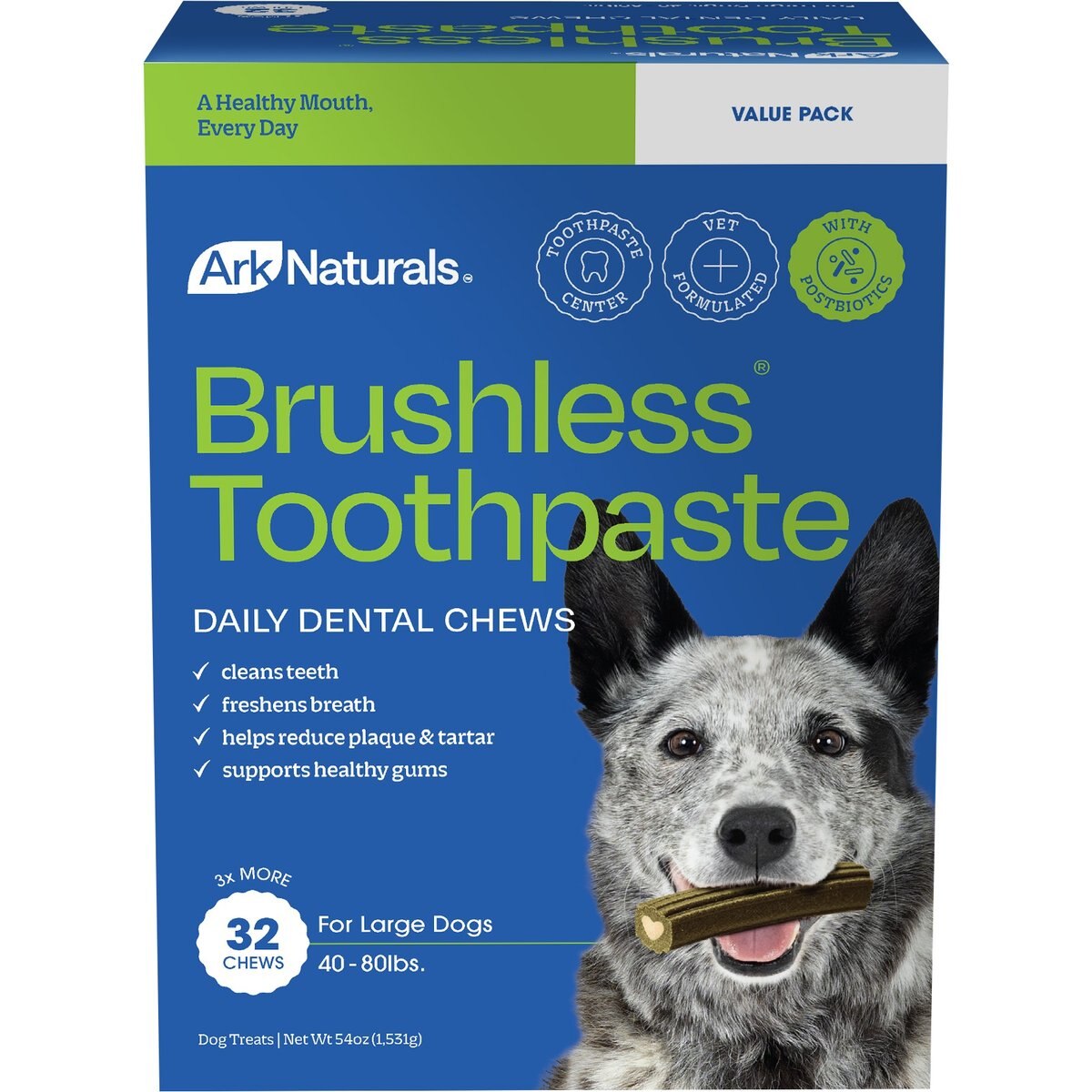 Ark Naturals Brushless Toothpaste Large Dental Dog Treats, 54-oz box, 32 count