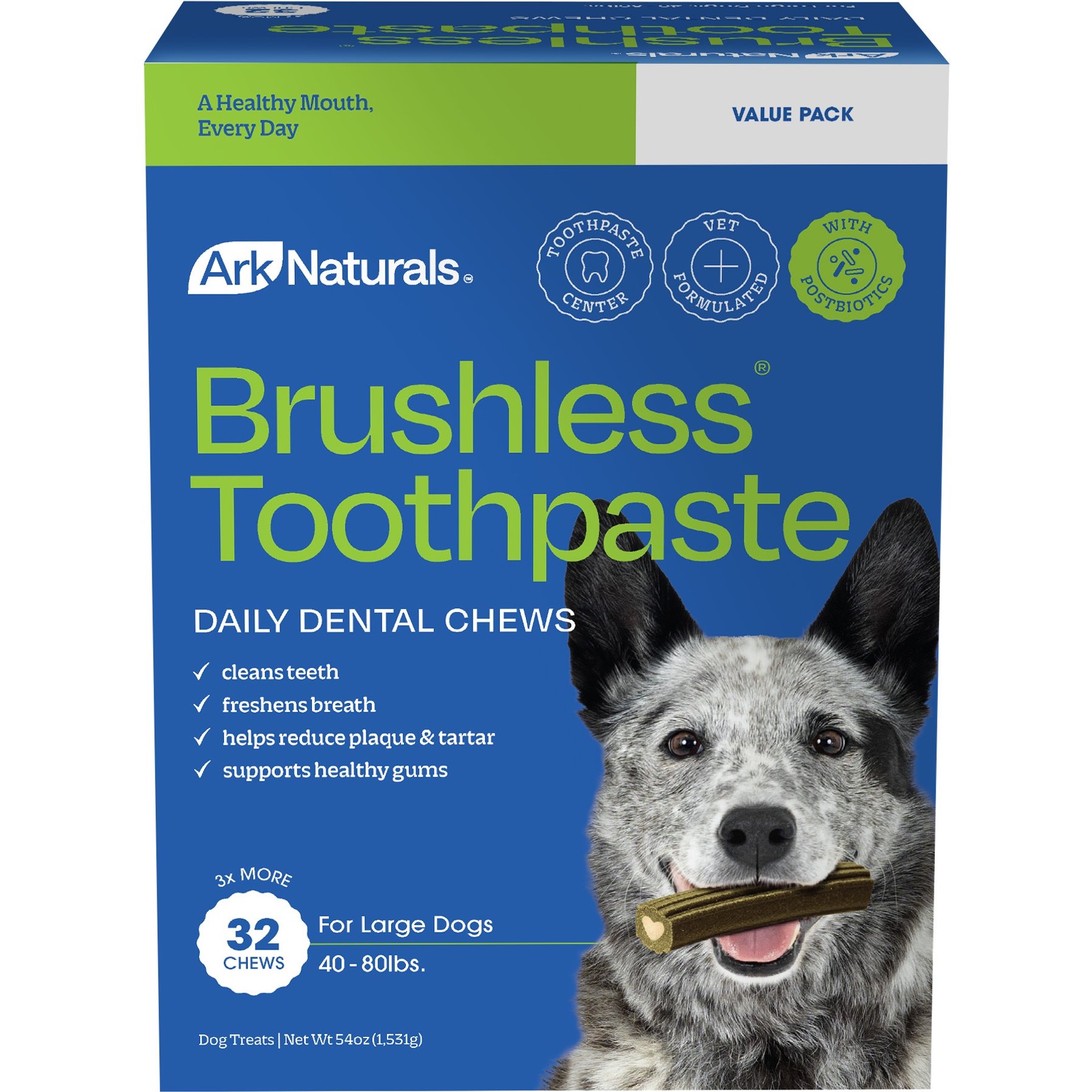 Ark Naturals Brushless Toothpaste Large Dental Dog Treats, 32 count