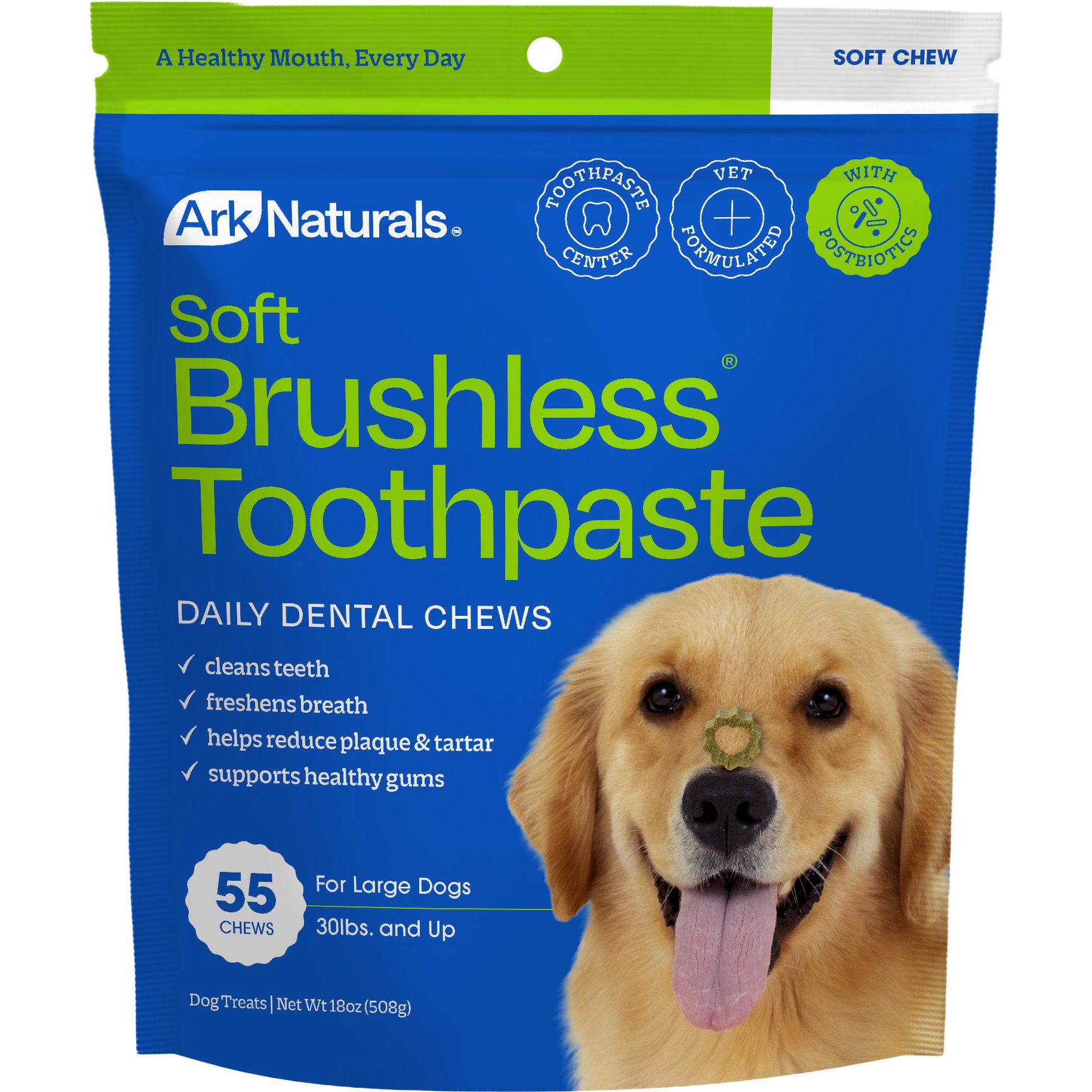 Ark Naturals Soft Brushless Toothpaste Large Dental Dog Treats, 18-oz bag, 55 count