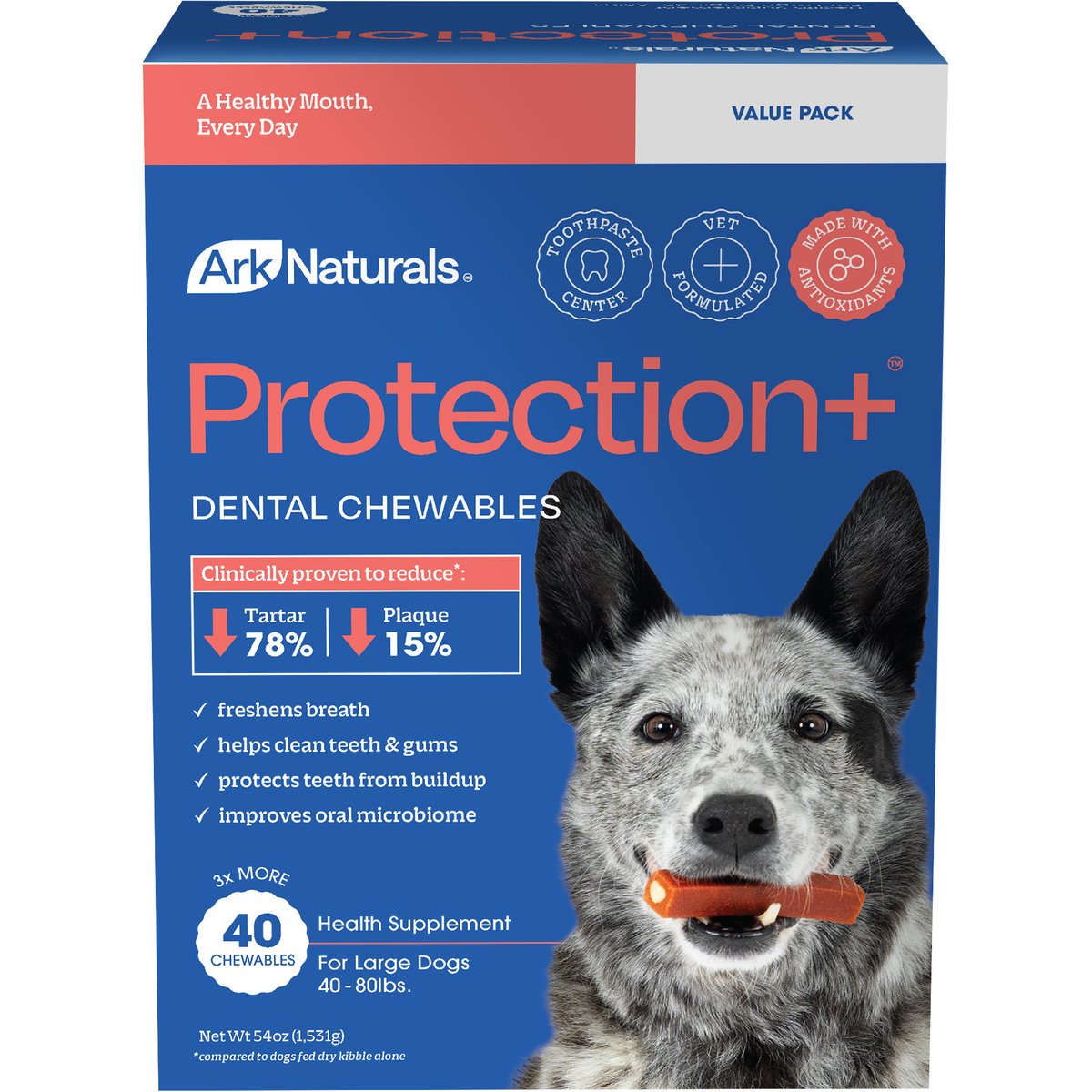 Ark Naturals Protection+ Brushless Toothpaste Large Dental Dog Treats, 40 count