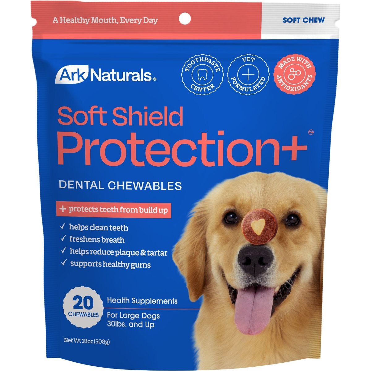 Ark Naturals Soft Shield Protection+ Brushless Toothpaste Large Dental Dog Treats, 18-oz bag, 20 count