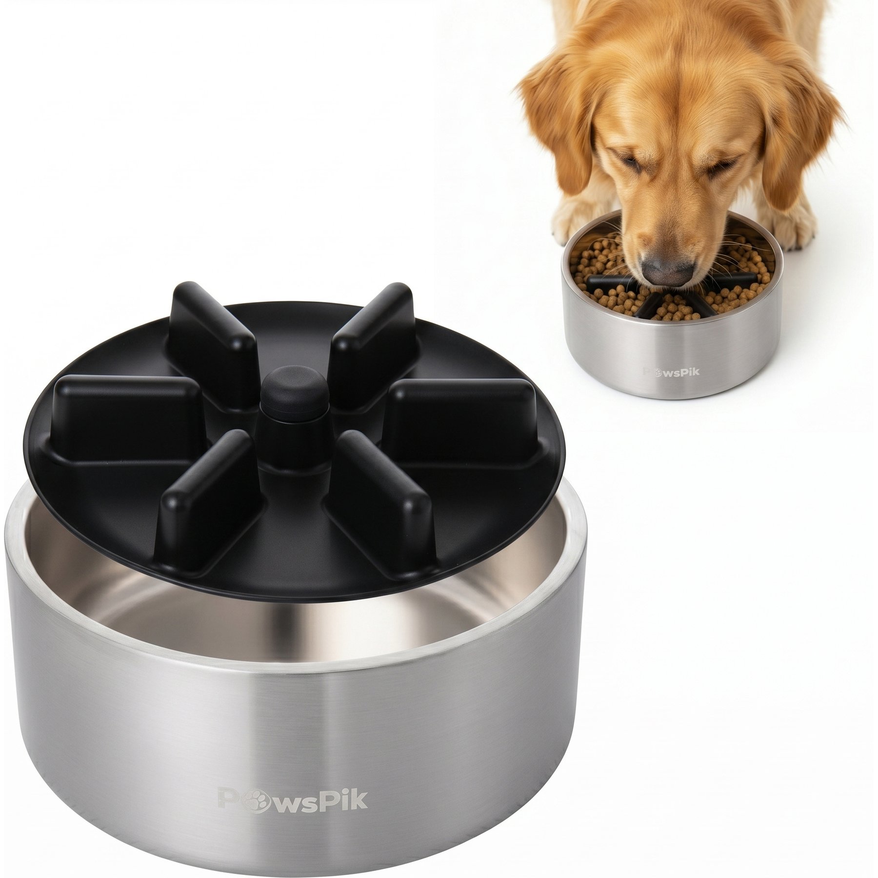 PawsPik Stainless Steel Double Wall Slow-Feed Puzzle Dog Bowl, Arctic Steel Silver, 64-oz