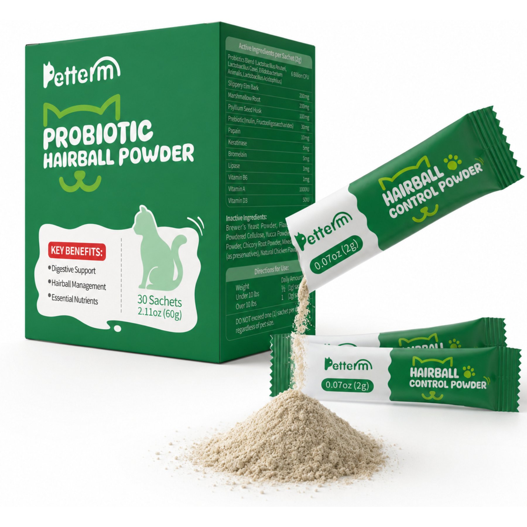 Petterm Probiotic Chicken Flavored Powder Hairball Control Supplement for Cats, 30 count