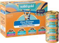 Solid Gold Five Oceans Variety Pack Grain-Free Shreds in Gravy Wet Cat Food, 3-oz can, case of 12