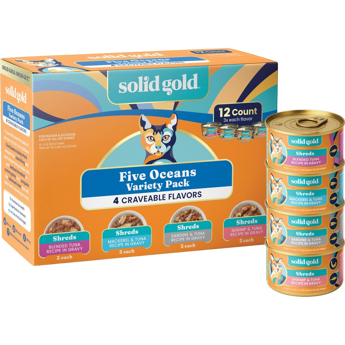Solid Gold Grain-Free Shreds in Gravy Wet Cat Food Variety Pack, 3-oz can, case of 12