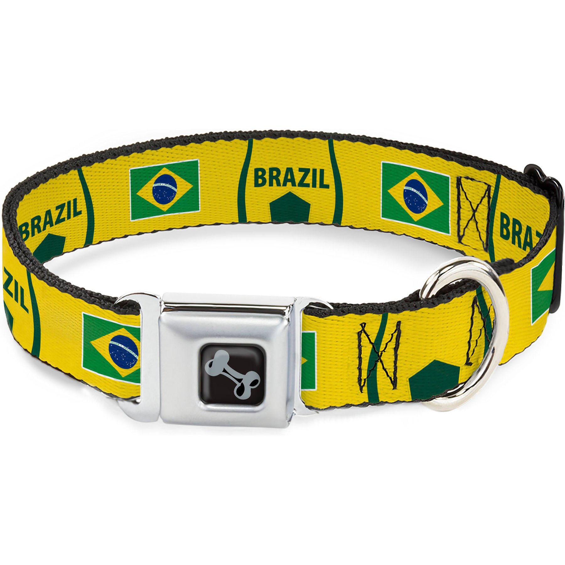 Buckle-Down Global Soccer Cup Series Brazil Spirit Flag Metal Seatbelt Buckle Dog Collar, Large: 15 to 24-in neck, 1-in wide