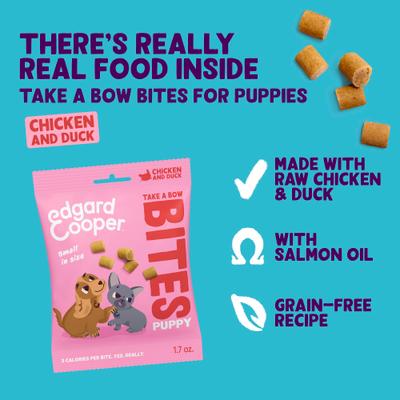 Show full view: Edgard & Cooper Take A Bow Bites Low-Calorie Training Grain-Free Chicken & Duck Recipe Soft & Chewy Dog Treats, Small, 4.2-oz bag slide 4 of 9