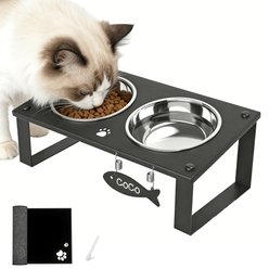 ADENGL 10° Tilted Raised Elevated Metal Cat Bowls with Non-slid Mat, Black, Medium, 2 count