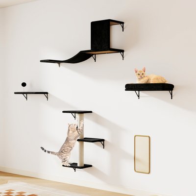 Coziwow Coziwow 5-Piece 13.39-in Scratching Post Wall Mounted Cat Wall Shelves with House, Bridge & Floating Perches, Black