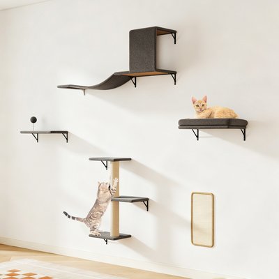 Coziwow Coziwow 5-Piece 13.39-in Scratching Post Wall Mounted Cat Wall Shelves with House, Bridge & Floating Perches, Grey