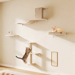 Coziwow 5-Piece Wall-Mounted Cat Wall Shelves Set, Furniture with Cat Tree & Scratching Post, Floating Perches for Indoor Cats, Beige