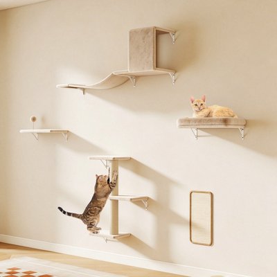 Coziwow Coziwow 5-Piece 13.39-in Scratching Post Wall Mounted Cat Wall Shelves with House, Bridge & Floating Perches, Beige
