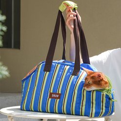 ZEZE Ocean Blue Stripe Traveling Dog & Cat Carrier for Traveling with Large Mesh Window, Side Drawstring, Safety Clip & Padded Base, 18.8-in