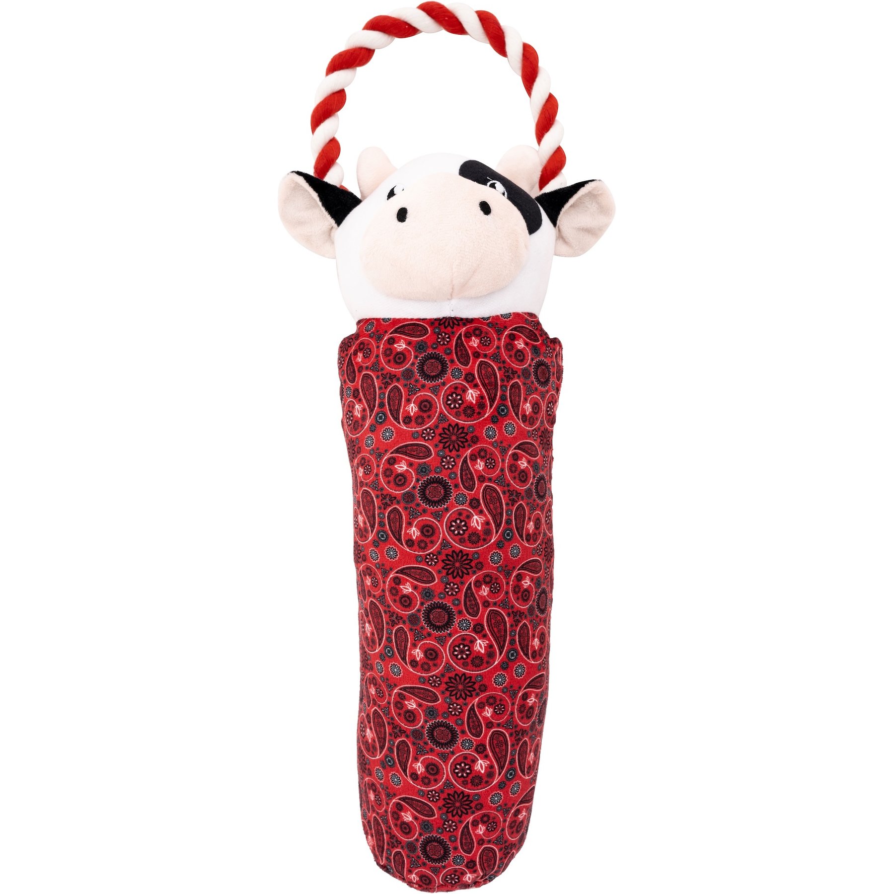 Wrangler Bandana Cow Bottle Cruncher Dog Toy with Rope, Red