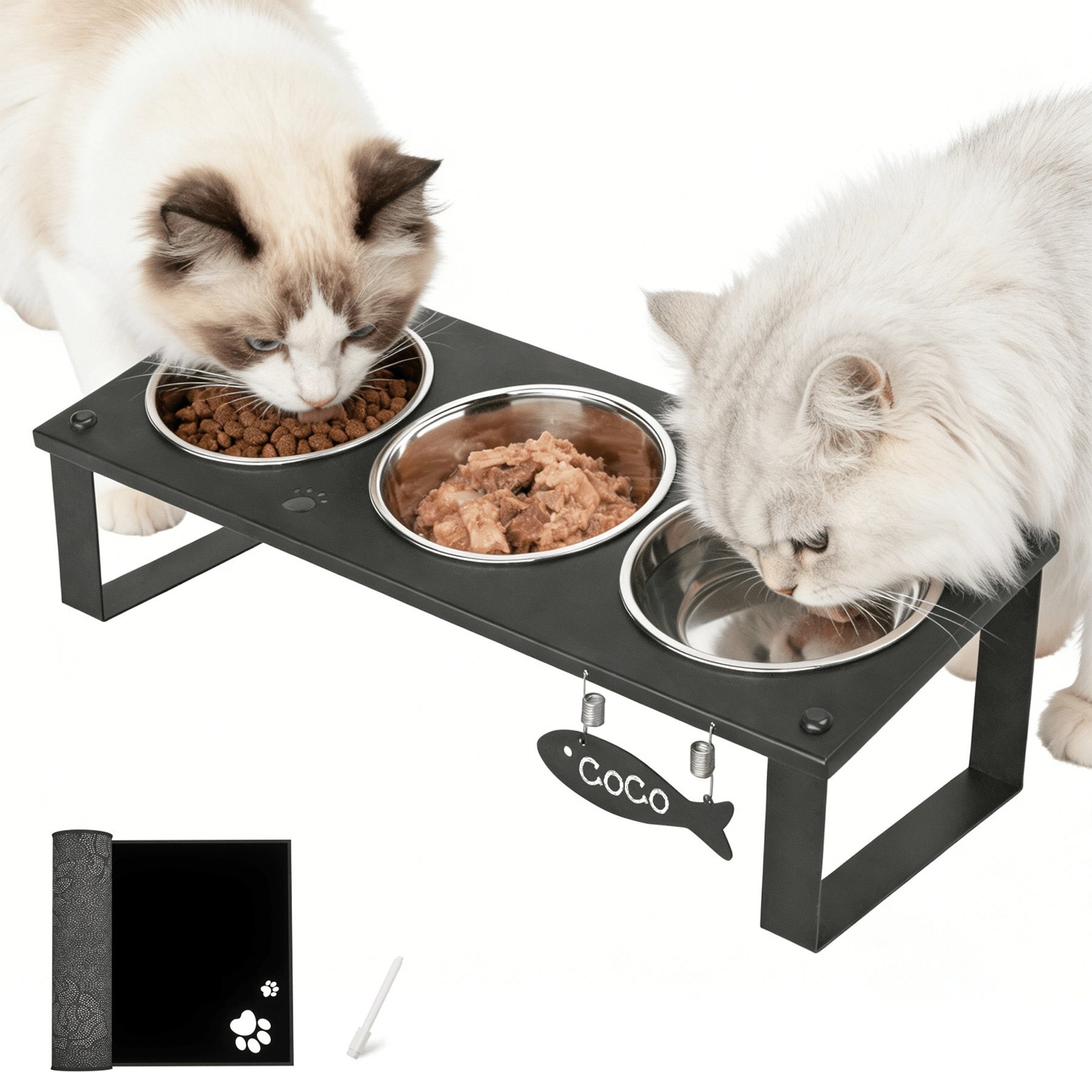 ADENGL 10° Tilted Raised Elevated Metal Cat Bowls with Non-slid Mat, Black, Large, 3 count