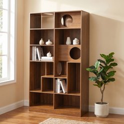 Cfowner 2-in-1 Wooden Modern Bookshelf Cat House with Storage, Brown slide 2 of 5