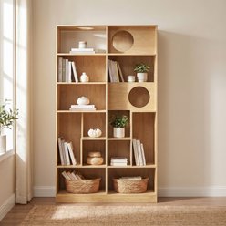 Cfowner 2-in-1 Wooden Modern Bookshelf Cat House with Storage, Natural