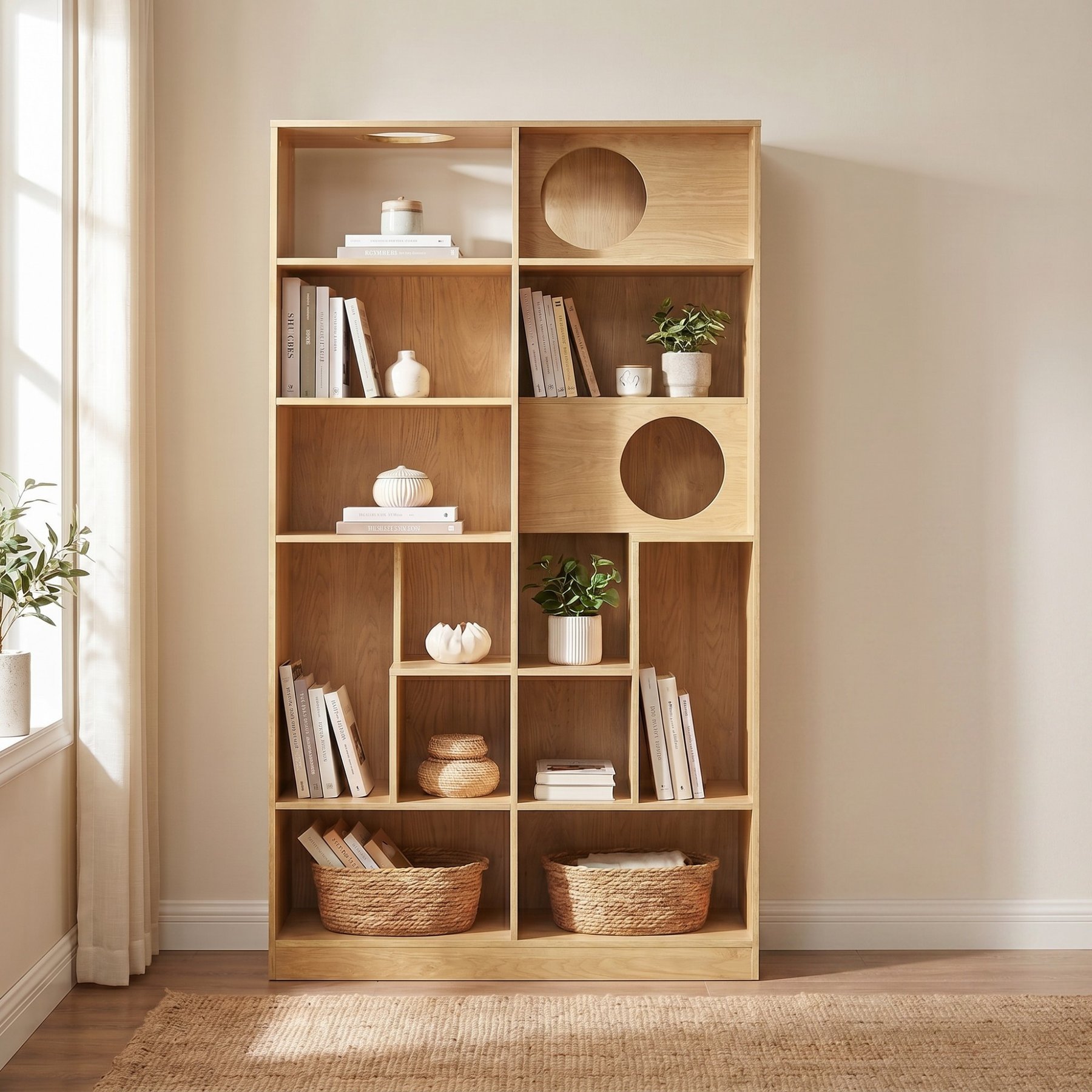 Cfowner 2-in-1 Wooden Modern Bookshelf Cat House with Storage, Natural