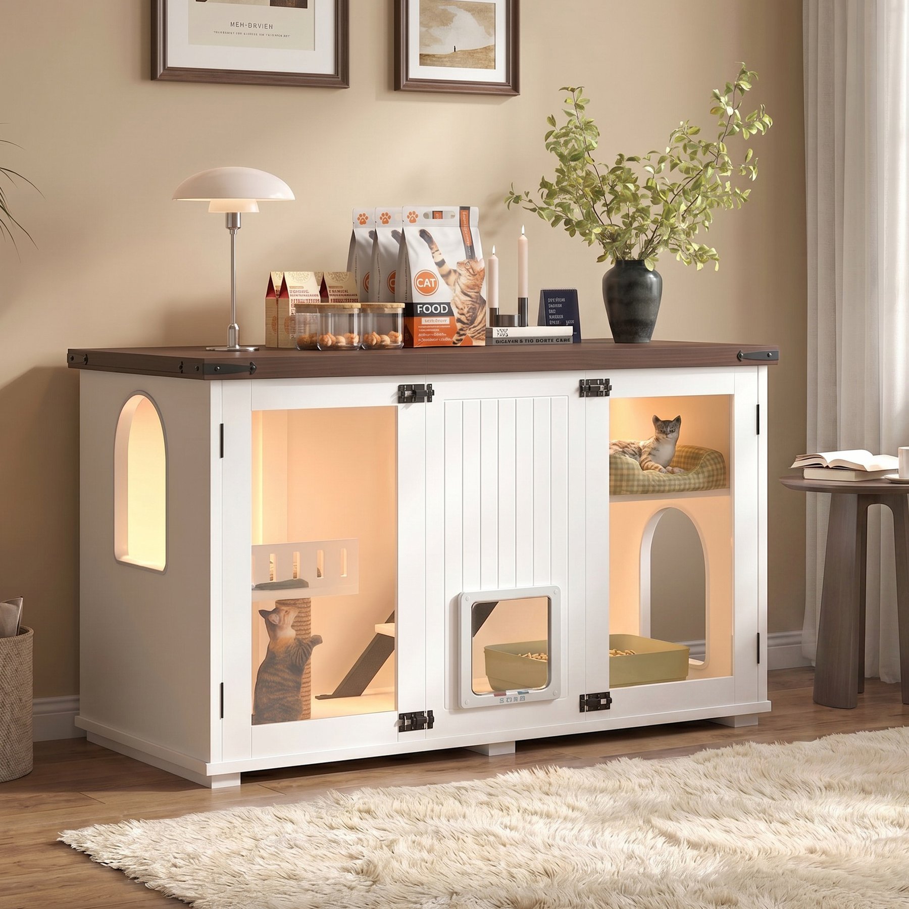 Cfowner Cat Litter Box Enclosure with LED Light, White, 47-in