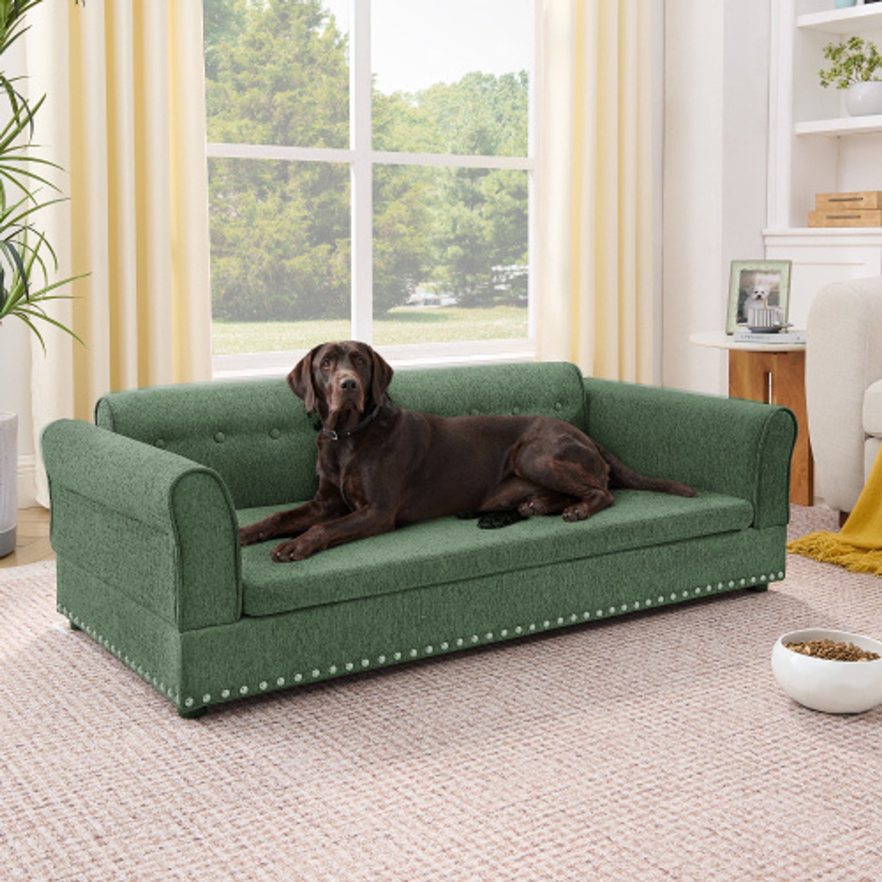 Tinyhomie Elegant Modern Linen Fabric Elevated Comfortable Rectangular with Backrest & Armrest Dog Bed, Olive Green