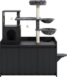 Zeus & Ruta Hidden Litter Box Enclosure Furniture, All-in-One Modern Condo with House, Hammock & Perch 56-in Cat Tree, Black
