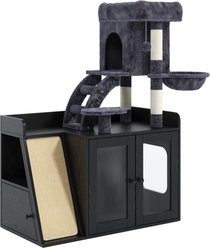 Zeus & Ruta Hidden Litter Box with LED Light, Sisal Scratching Board, Condo & Platform, All-in-one 48-in Tree Cat Litter Box Enclosure, Black