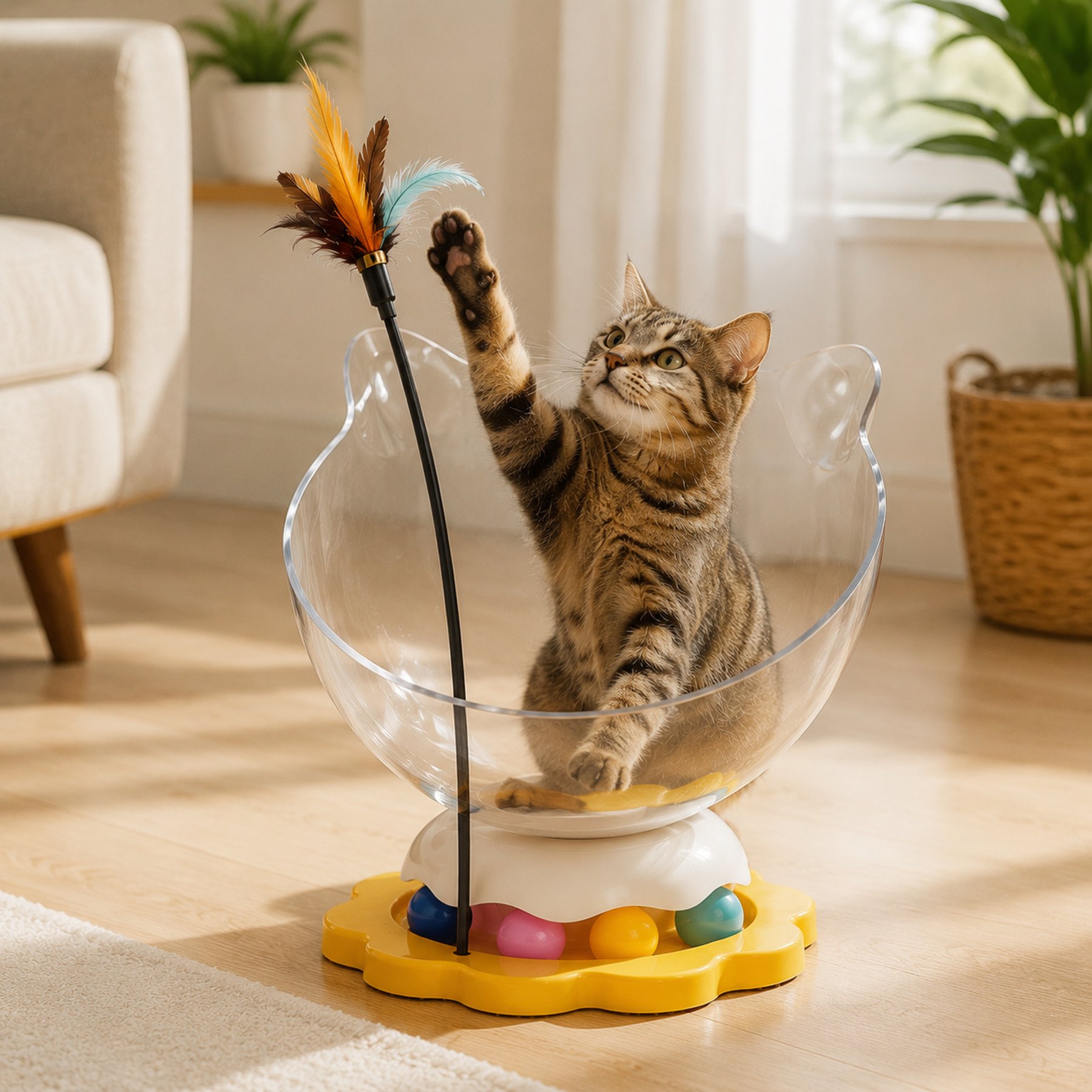 NonoPets Transparent Acrylic Space Capsule Cat Bed with Trackball, Yellow