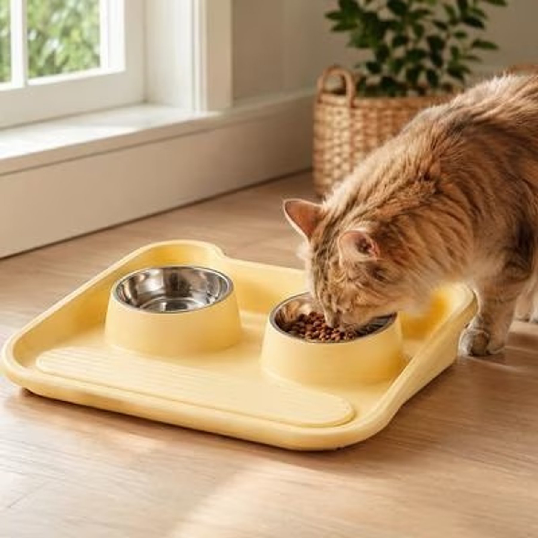 NonoPets Non-Slip Dual Bowl Set with Raised Base Cat Food & Water Feeder, Yellow