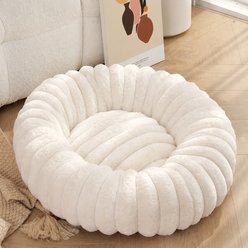 NonoPets Round Faux Fur Corduroy Fleece & Anti Slip Bottom Donut Dog & Cat Bed with Washable Removable Cover, White, 36-in