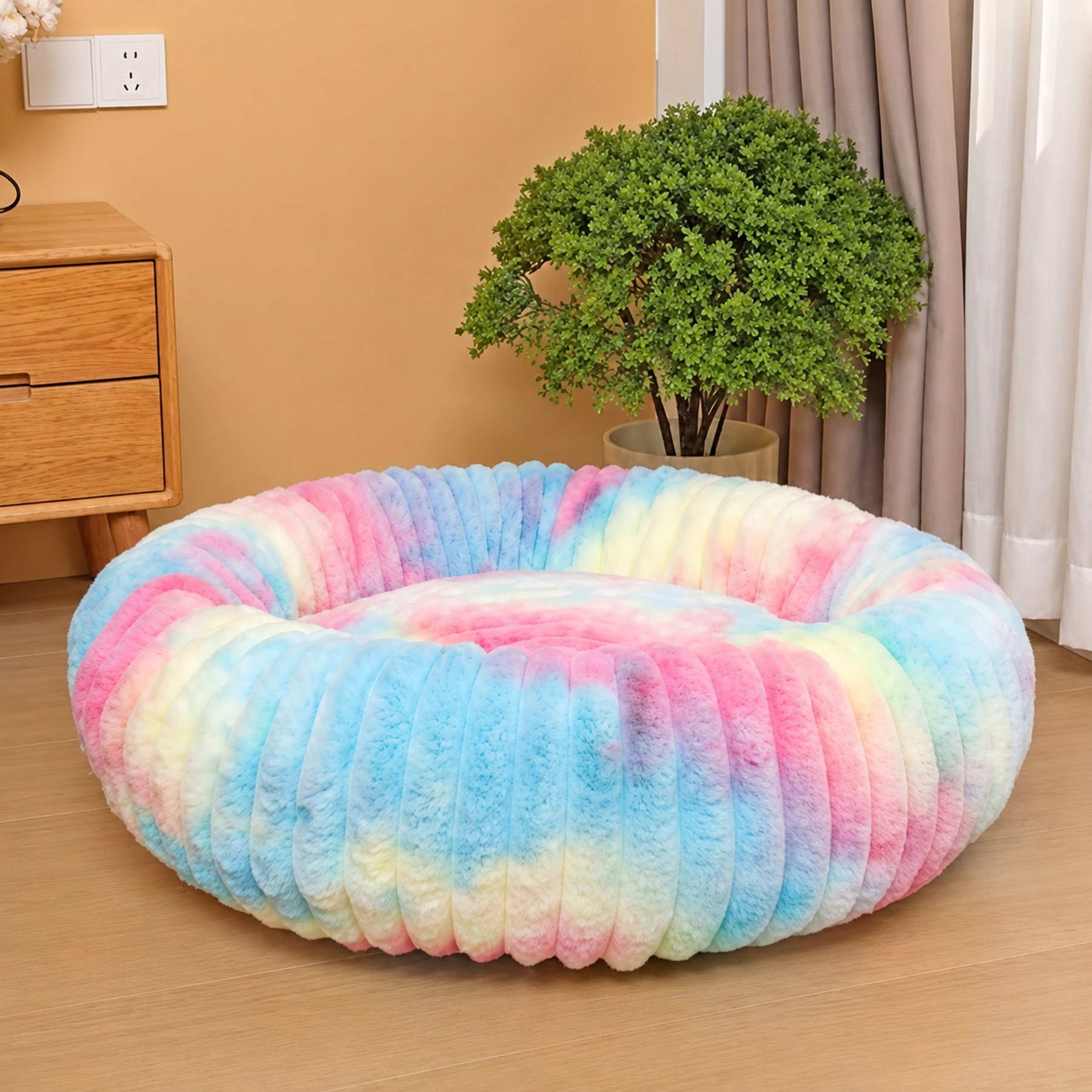 NonoPets Round Faux Fur Corduroy Fleece & Anti Slip Bottom Donut Dog & Cat Bed with Washable Removable Cover, Rainbow, 36-in