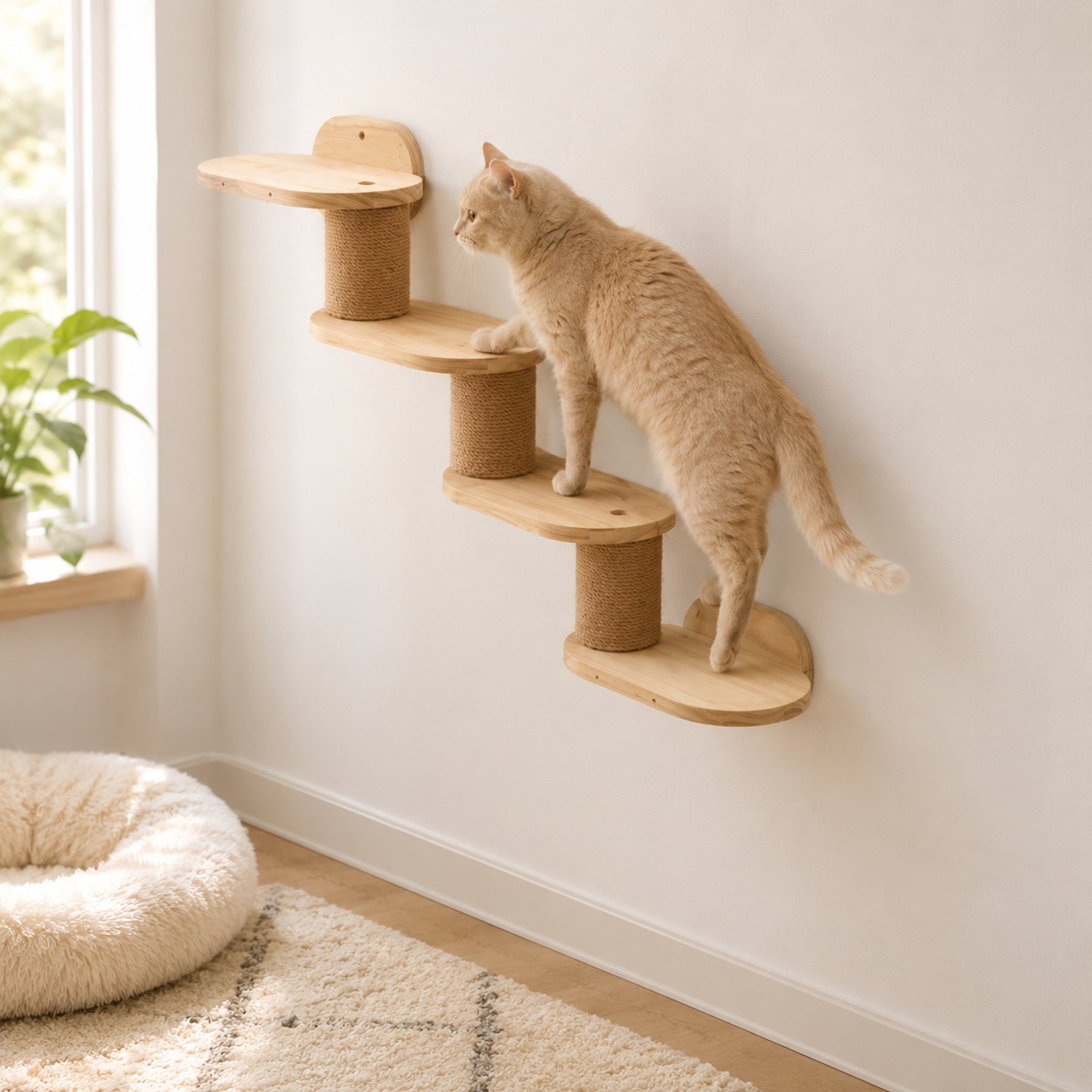 NonoPets Solid Wood Stairs 18.9-in Jute 4‑Step Floating Climbing Wall Shelf for Cats