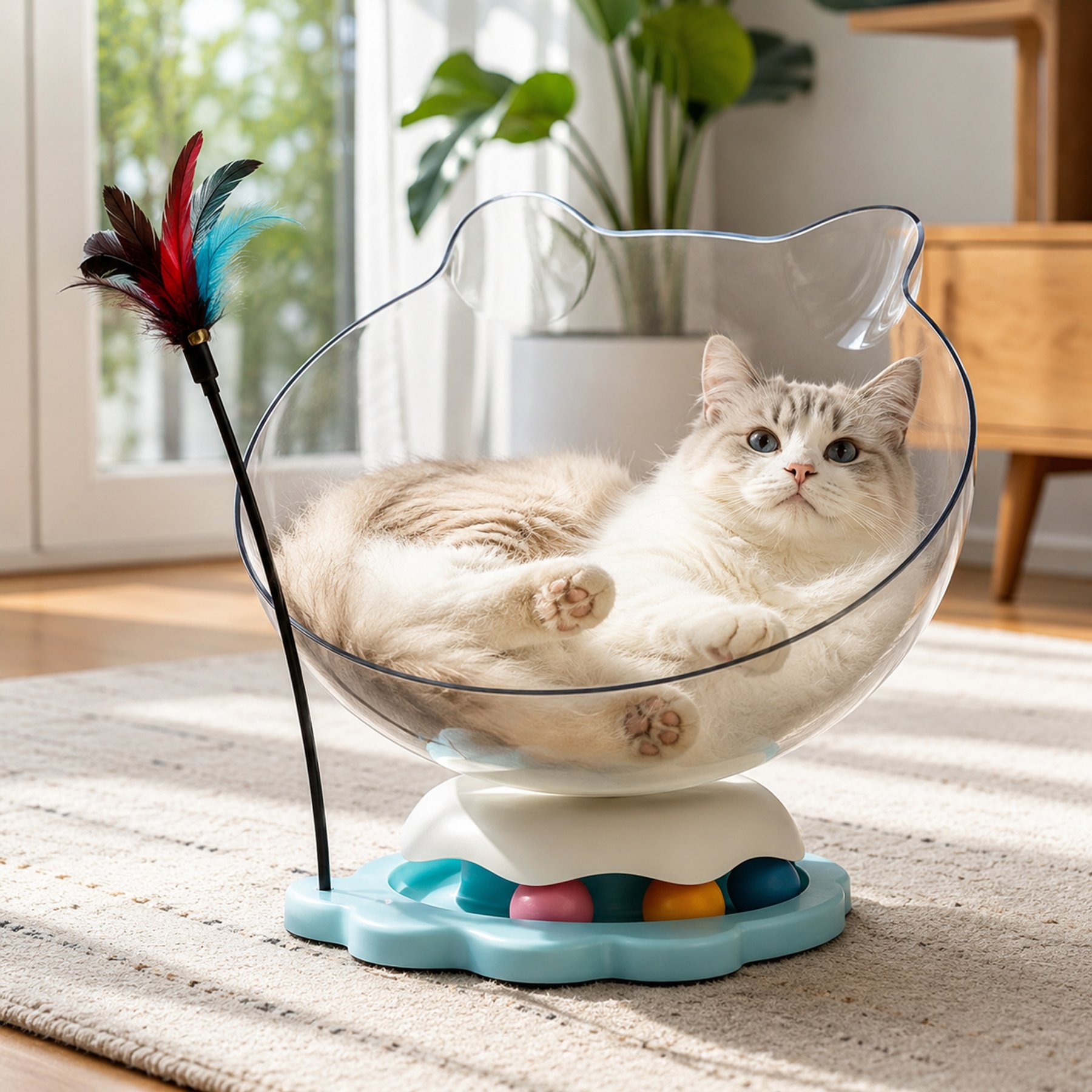 NonoPets Transparent Acrylic Space Capsule Cat Bed with Trackball, Blue