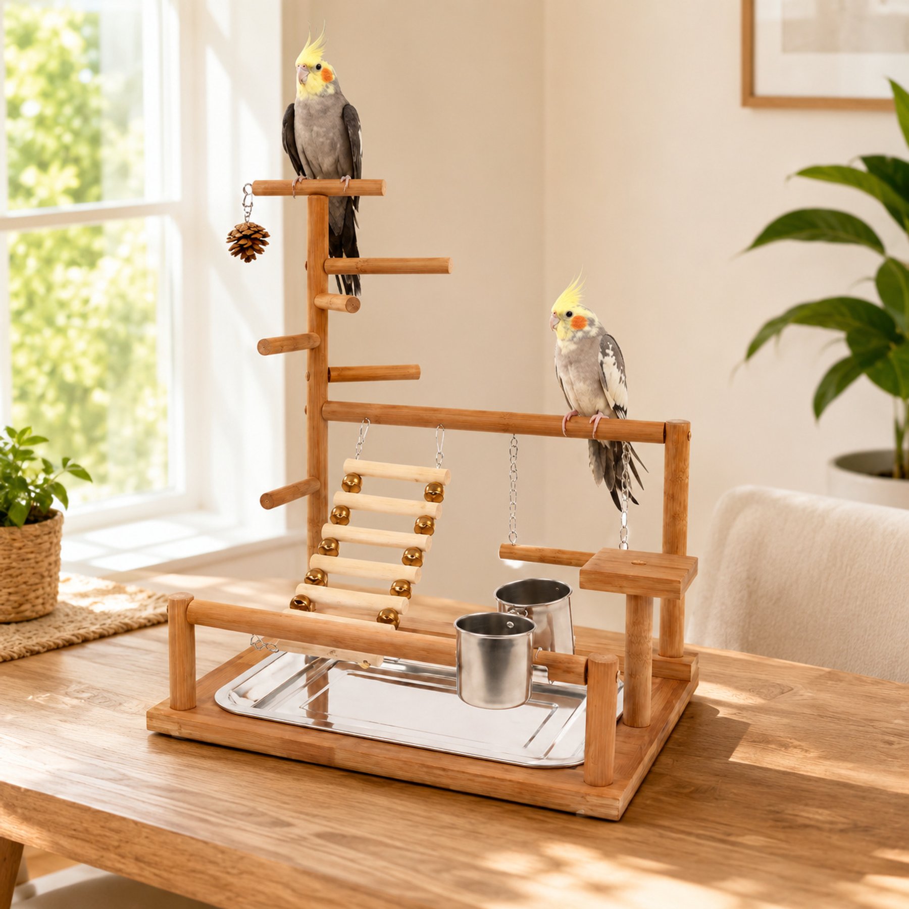 NonoPets Solid Wood Multi-Level Tabletop Activity Center with Climbing Ladder, Hanging Swing & Natural Perches Bird Play Gym, Brown