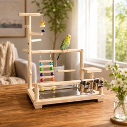 NonoPets Solid Wood Multi-Level Tabletop Activity Center with Climbing Ladder, Hanging Swing & Natural Perches Bird Play Gym, Beige