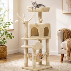 NonoPets Multi-Level Interactive 45-in Soft Hammock Enclosed-House Toy-Station Cat Tree, Cream