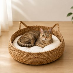 NonoPets Handwoven Rattan Natural Wicker Basket Cat Bed with Soft Cushion, Medium
