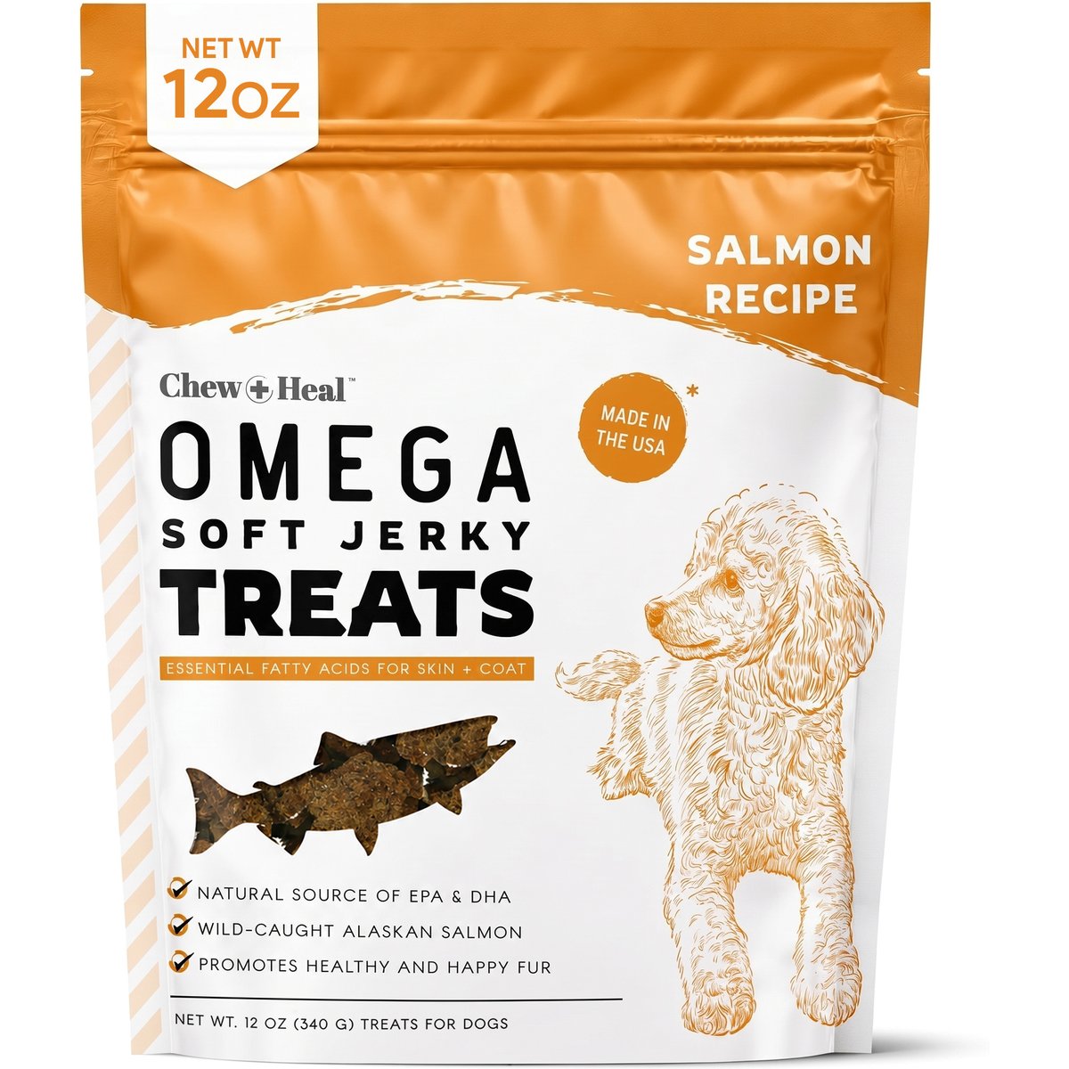 Chew + Heal Wild Alaskan Omega Skin + Coat Salmon Soft Jerky Dog Treats, 12-oz bag