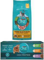 Purina ONE Tender Selects Blend with Real Chicken Dry Food + True Instinct Turkey, Chicken & Tuna Variety Pack Canned Cat Food