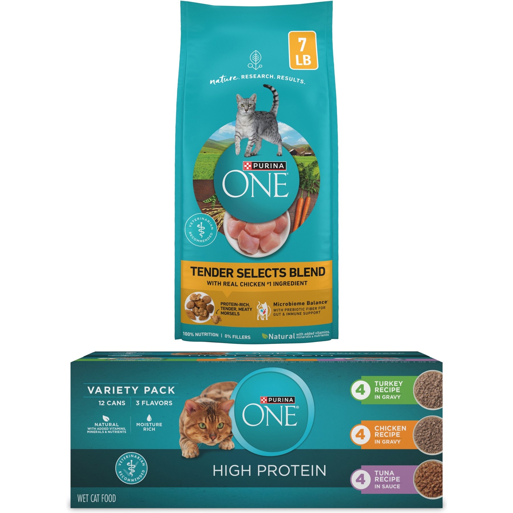 Purina ONE Tender Selects Blend with Real Chicken Dry Food + True Instinct Turkey, Chicken & Tuna Variety Pack Canned Cat Food