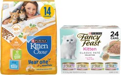 Kitten Chow Nurture Muscle & Brain Development Dry Cat Food + Fancy Feast Tender Feast Variety Pack Canned Kitten Food