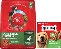 Purina ONE SmartBlend Lamb & Rice Adult Formula Dry Food + Milk-Bone Original Large Biscuit Dog Treats slide 1 of 9