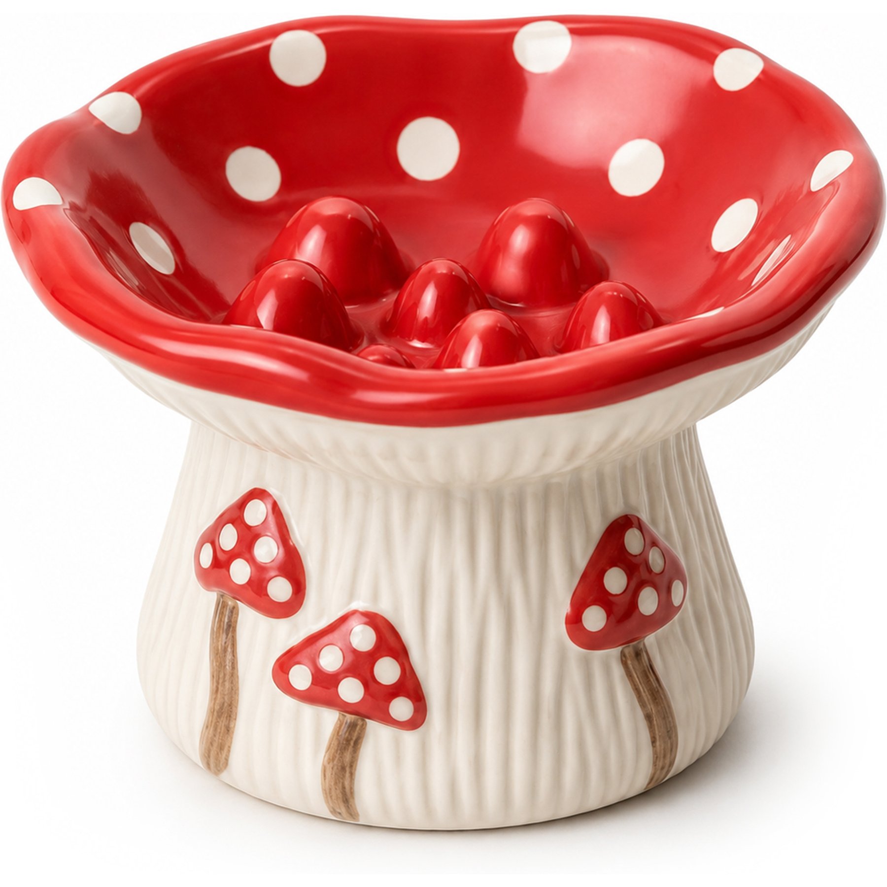 Casfuy Cute Mushroom Bumps Raised Ceramic Slow Feeder Cat & Dog Food Bowl