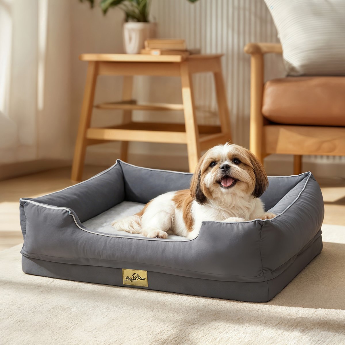 BingoPaw Orthopedic Bolster Dog Bed, Grey, Medium