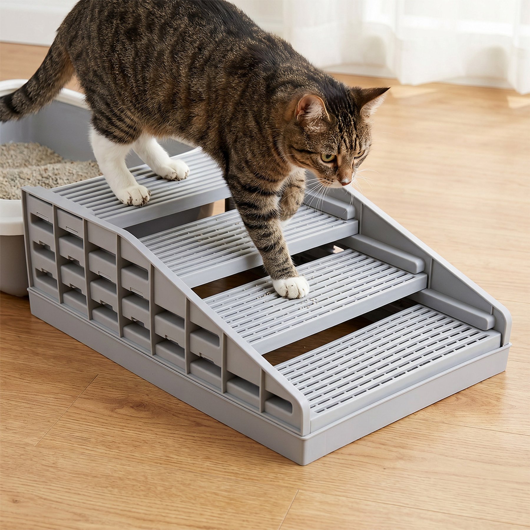 Mora Pets Adjustable Anti-Tracking Cat Litter Box Step, Grey