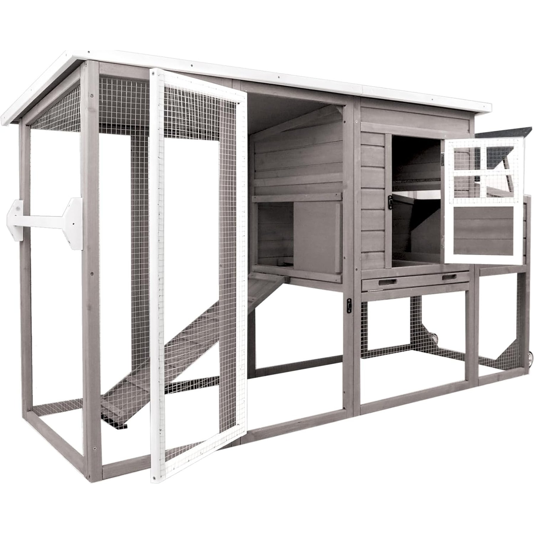 Petscosset Outdoor 2-Story Chicken Coop with Run Cage, Grey, 74.8 x 26.14 x 39.37-in