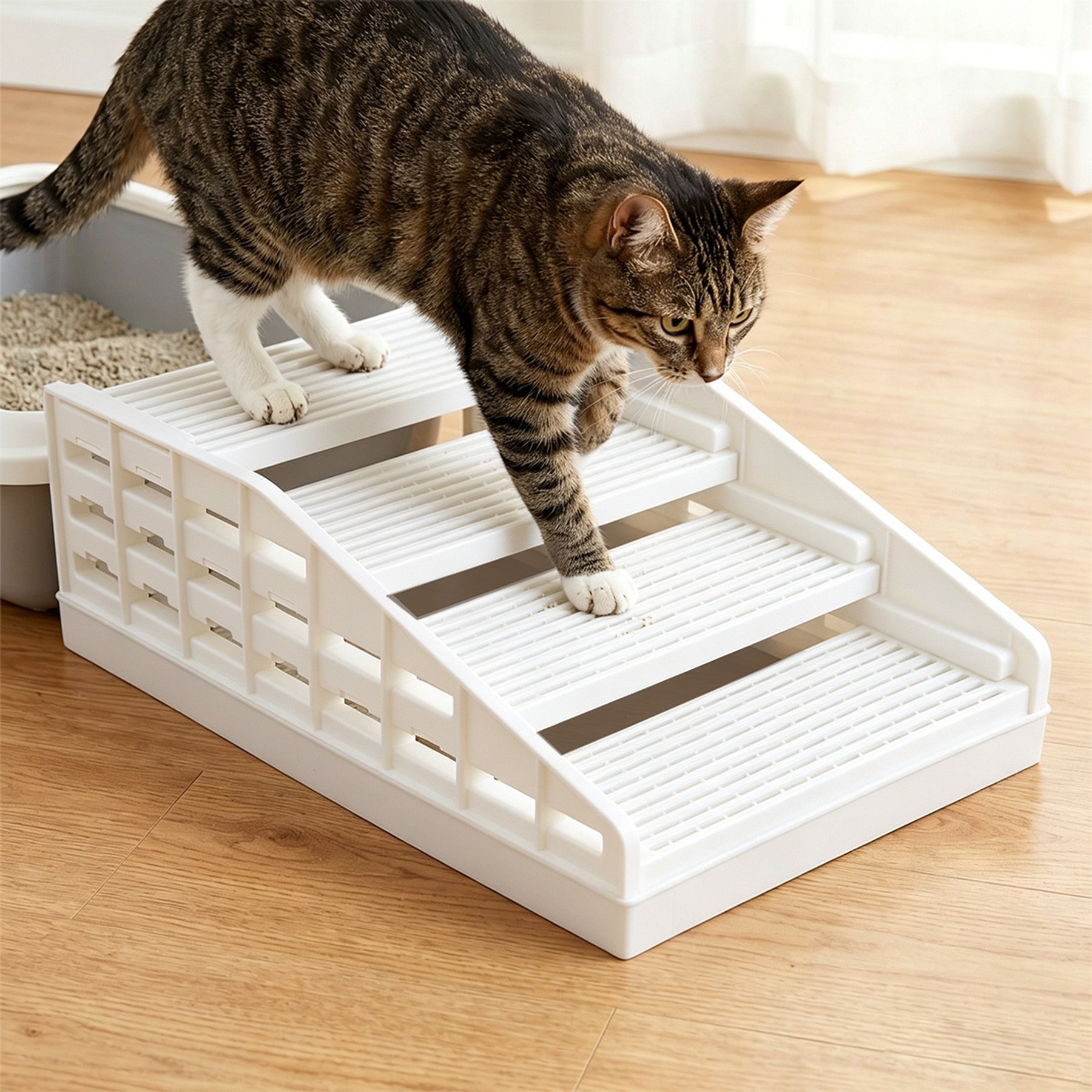 Mora Pets Adjustable Anti-Tracking Cat Litter Box Step, White