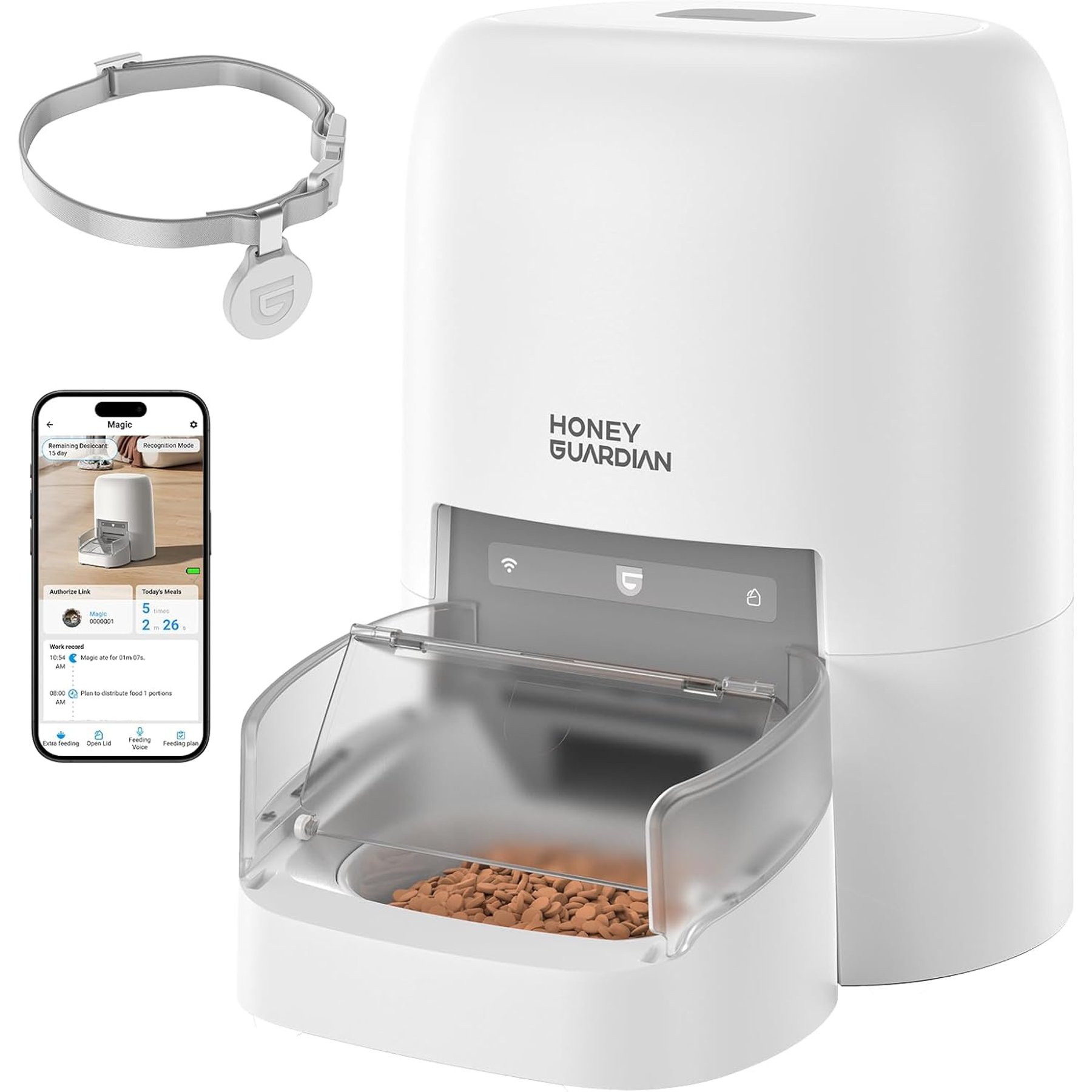 HONEYGUARDIAN RFID Automatic High-Tech Ceramic Cat Feeder with Collar Tag-Activated Personalized Meal, Large: 4.6-L, White