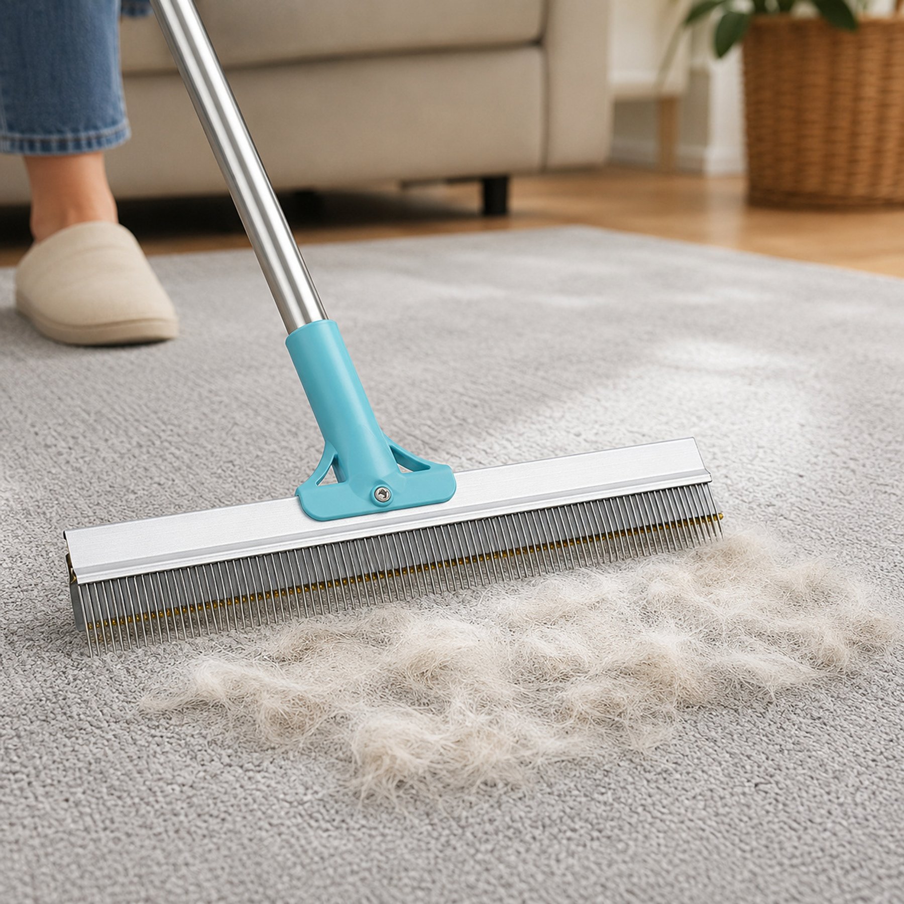 NonoPets Double-Sided Metal Hair Remover Adjustable Long Handle Carpet & Rugs Dog Deshedding Tool