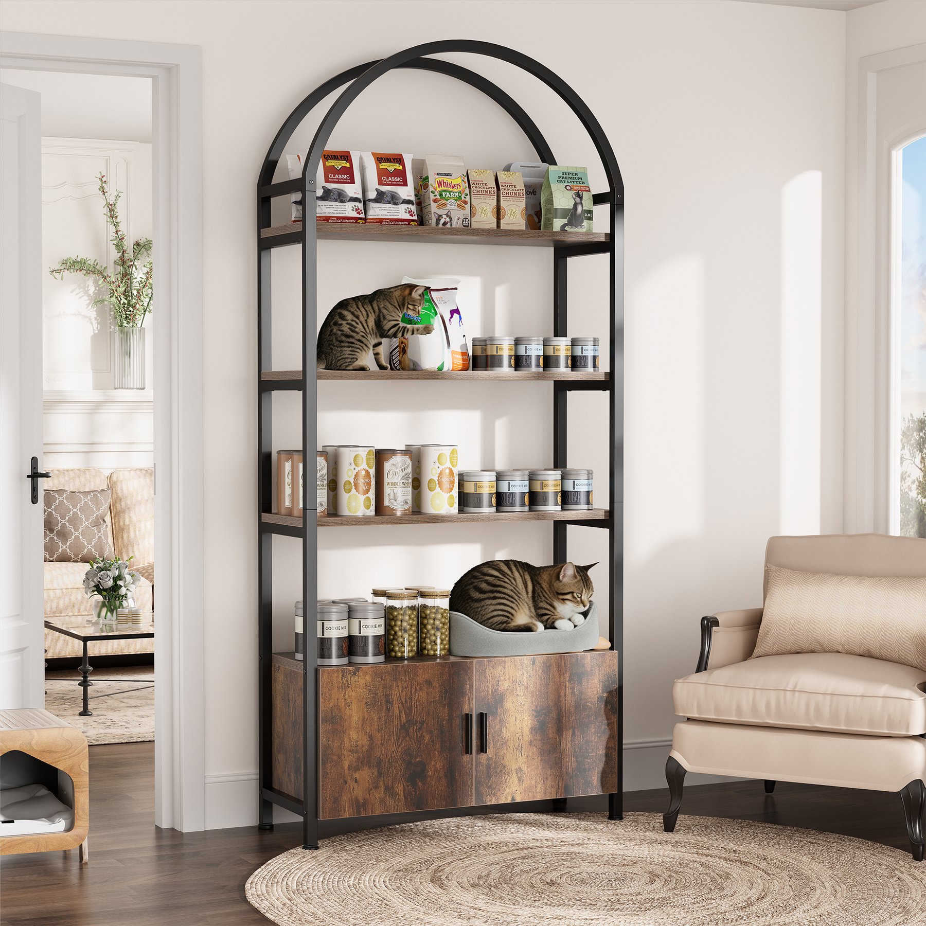 Saudism Arched 5-Tier Open Shelves 71-in Cat Tree with Hidden Storage Cabinet, Retro
