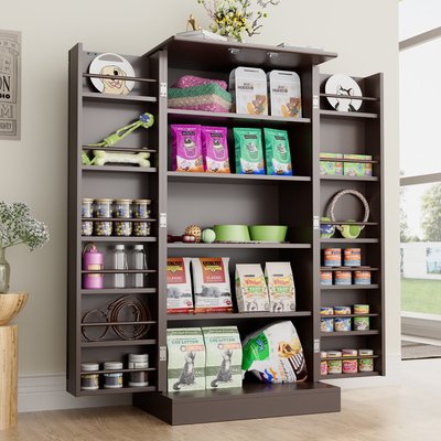 Saudism Saudism Freestanding Double Doors & Gold Handles Dog Food Storage Cabinet, 47-in, Gray